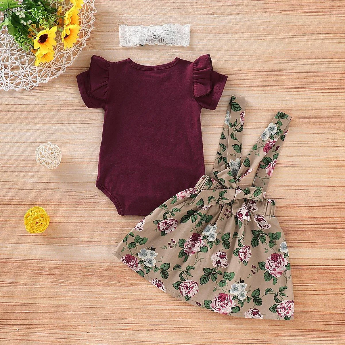 3-piece Burgundy Ruffle Bodysuit, Suspender Skirt and Headband Set Wholesale children's clothing