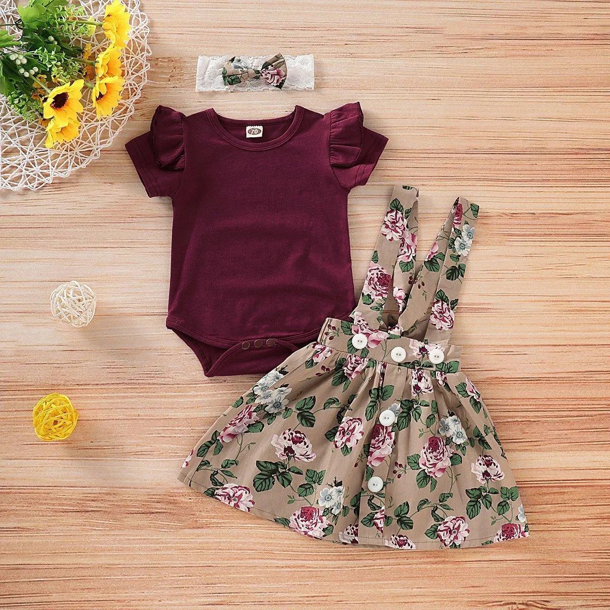 3-piece Burgundy Ruffle Bodysuit, Suspender Skirt and Headband Set Wholesale children's clothing