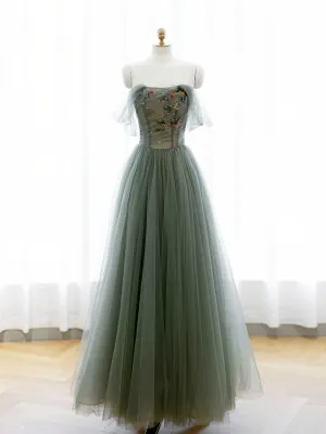 A-Line Green Tulle Long Prom Dress Off the Shoulder Evening Party Dress