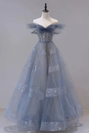 A-Line Off Shoulder Layers Tulle Long Evening Dress Blue Formal Dress