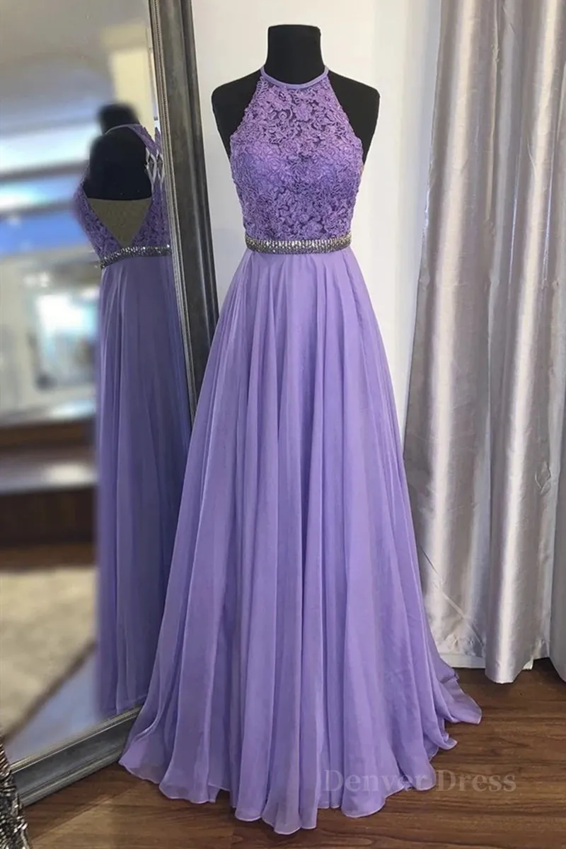 A Line Purple Lace Long Prom Dress with Belt Purple Lace Formal Dress Purple Evening Dress Bridesmaid Dress