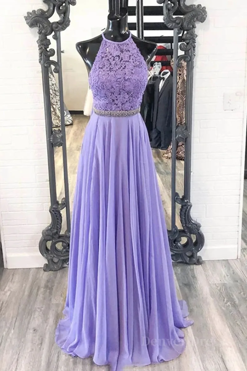 A Line Purple Lace Long Prom Dress with Belt Purple Lace Formal Dress Purple Evening Dress Bridesmaid Dress