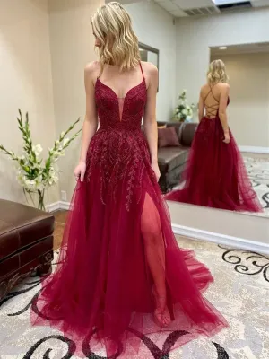 A Line V Neck Backless Lace Long Burgundy Prom with Leg Slit, Backless Burgundy Lace Formal, Burgundy Lace Evening