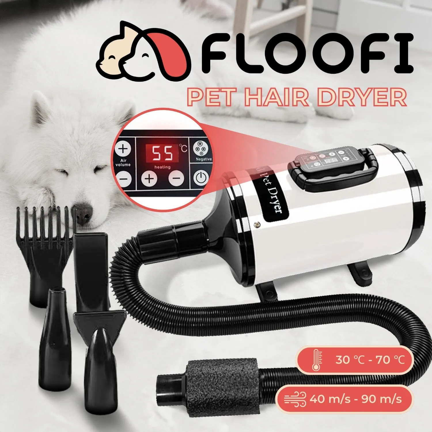 Adjustable Temp Pet Hair Dryer, 6-Speed LCD - Floofi