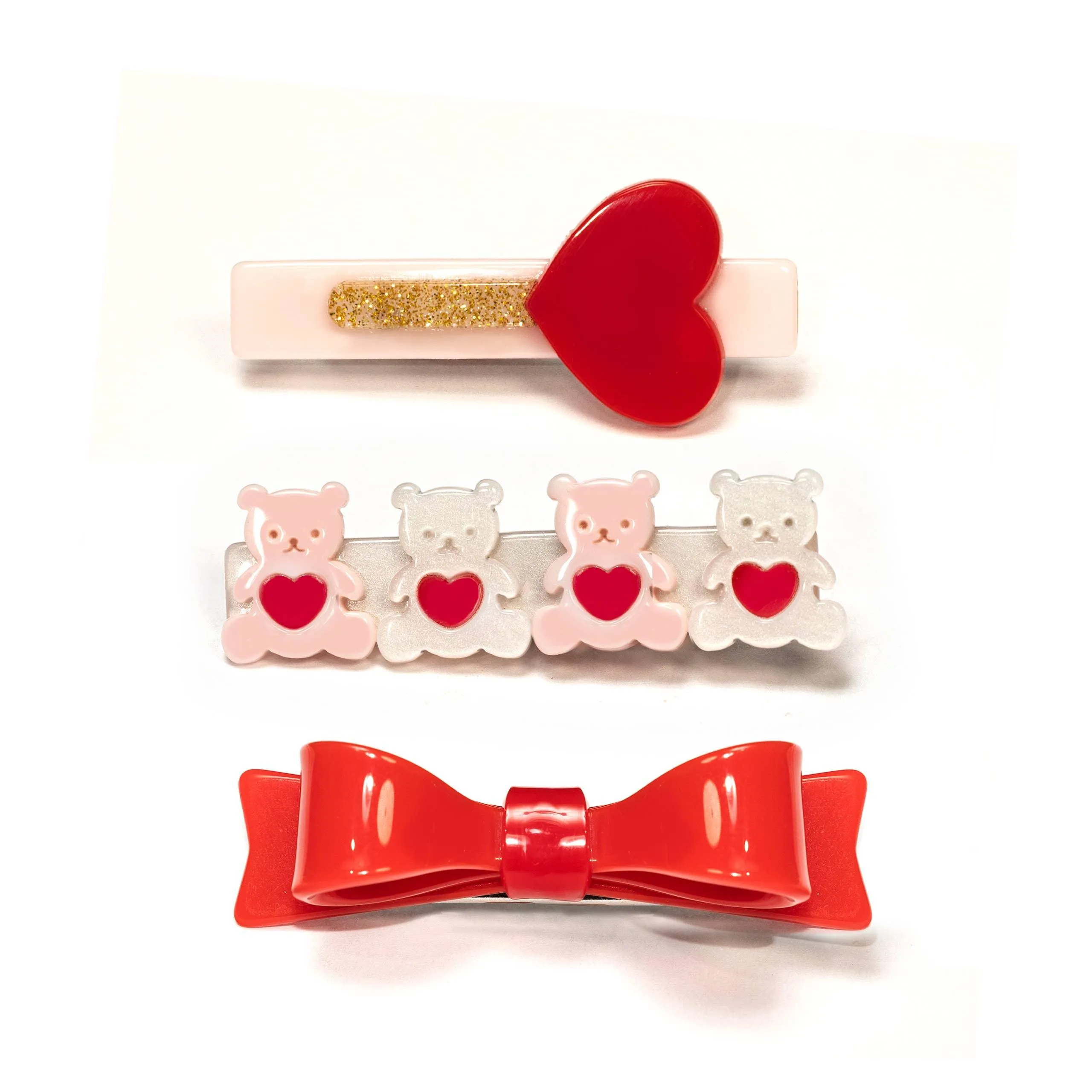 Alligator Clips | Valentines -Cute Bear Trio- Red | Lilies and Roses