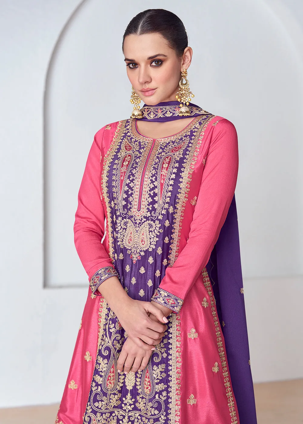 Amazing Pink & Purple Chinnon Silk Wedding Festive Palazzo Suit