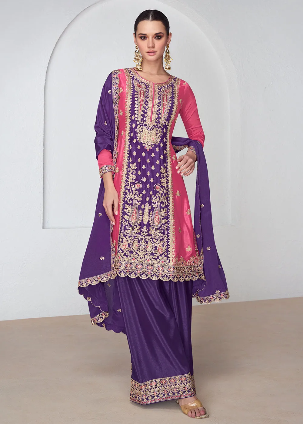 Amazing Pink & Purple Chinnon Silk Wedding Festive Palazzo Suit