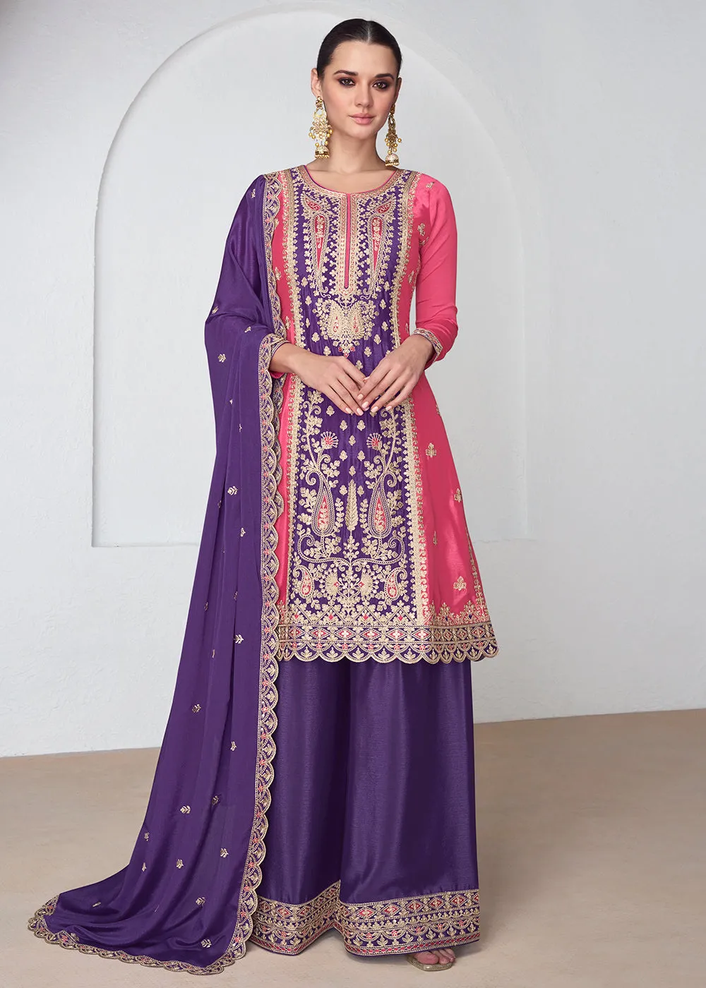 Amazing Pink & Purple Chinnon Silk Wedding Festive Palazzo Suit