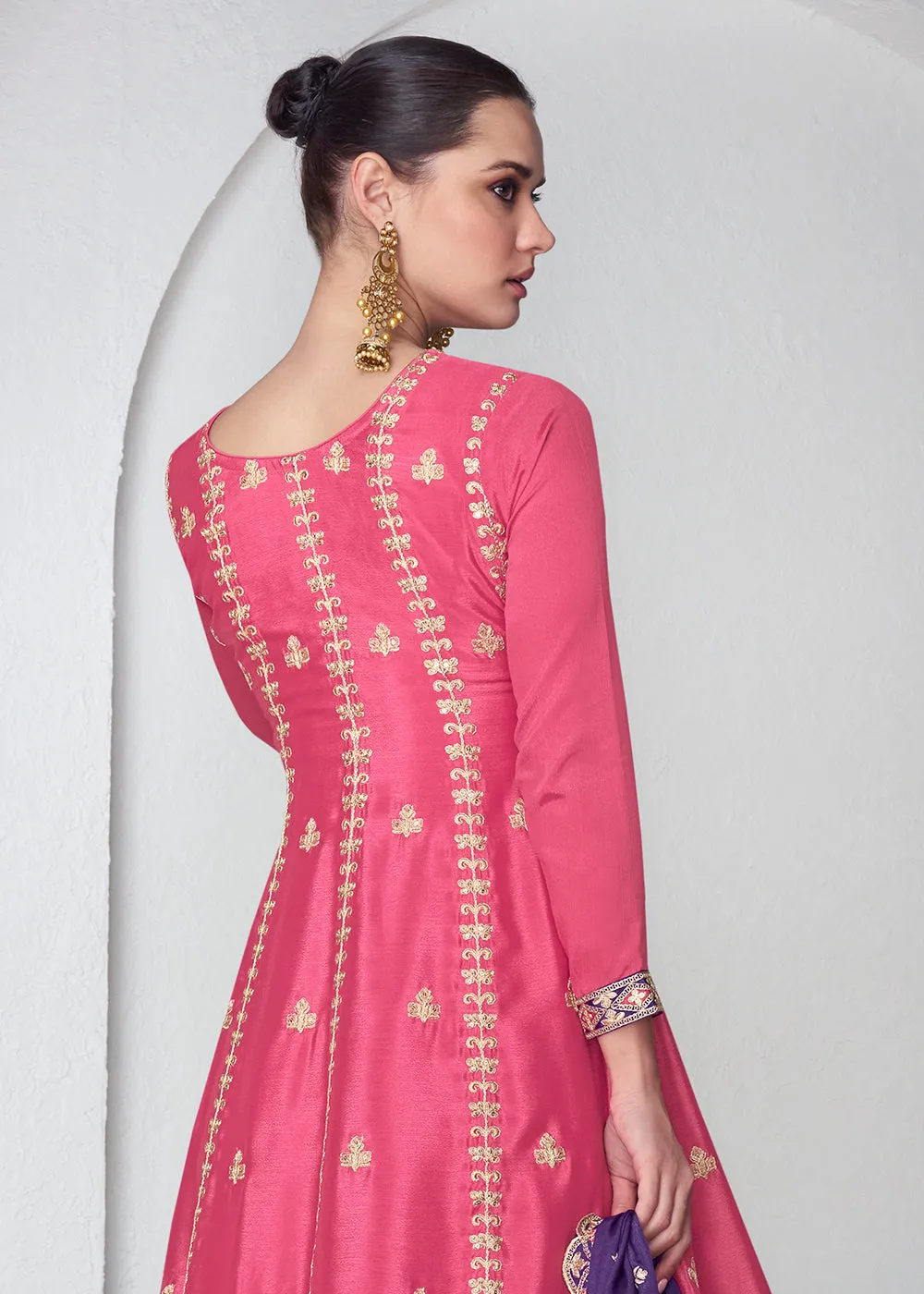 Amazing Pink & Purple Chinnon Silk Wedding Festive Palazzo Suit