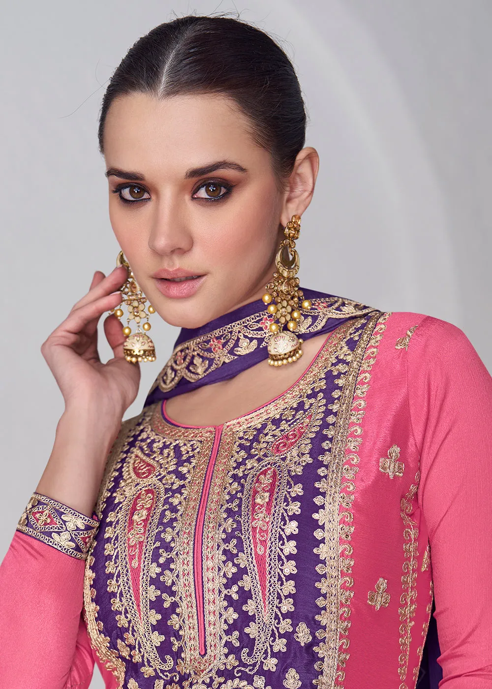 Amazing Pink & Purple Chinnon Silk Wedding Festive Palazzo Suit