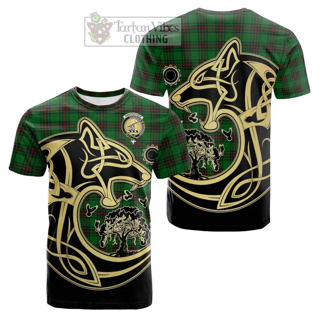 Anstruther Tartan Cotton T-shirt with Family Crest Celtic Wolf Style