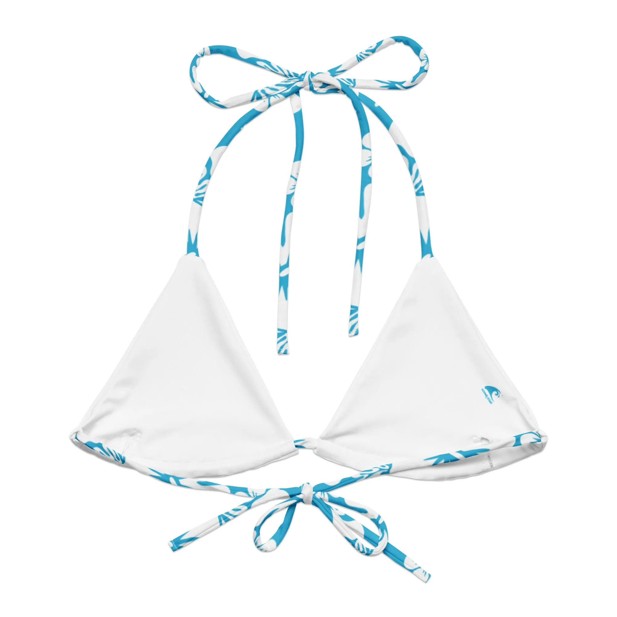 Aqua Blue and White Hawaiian Flowers String Bikini Top