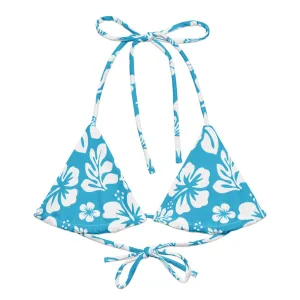 Aqua Blue and White Hawaiian Flowers String Bikini Top