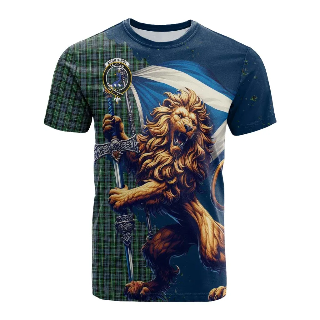 Arbuthnot Tartan Family Crest Cotton T-shirt with Scottish Majestic Lion