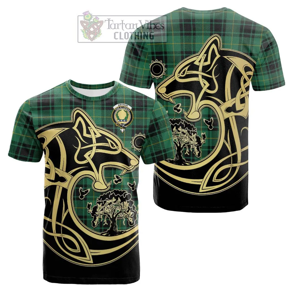 Arthur Ancient Tartan Cotton T-shirt with Family Crest Celtic Wolf Style