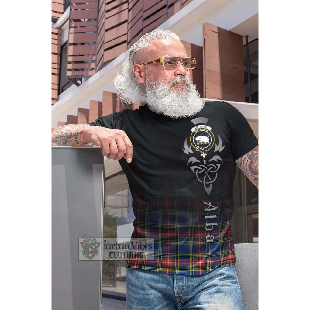 Bethune Tartan Cotton T-shirt Featuring Alba Gu Brath Family Crest Celtic Inspired