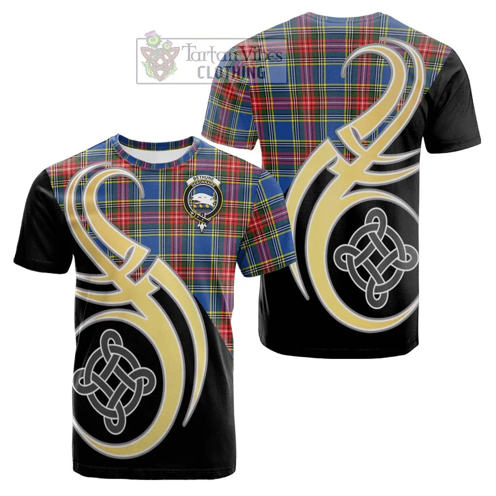 Bethune Tartan Cotton T-shirt with Family Crest and Celtic Symbol Style