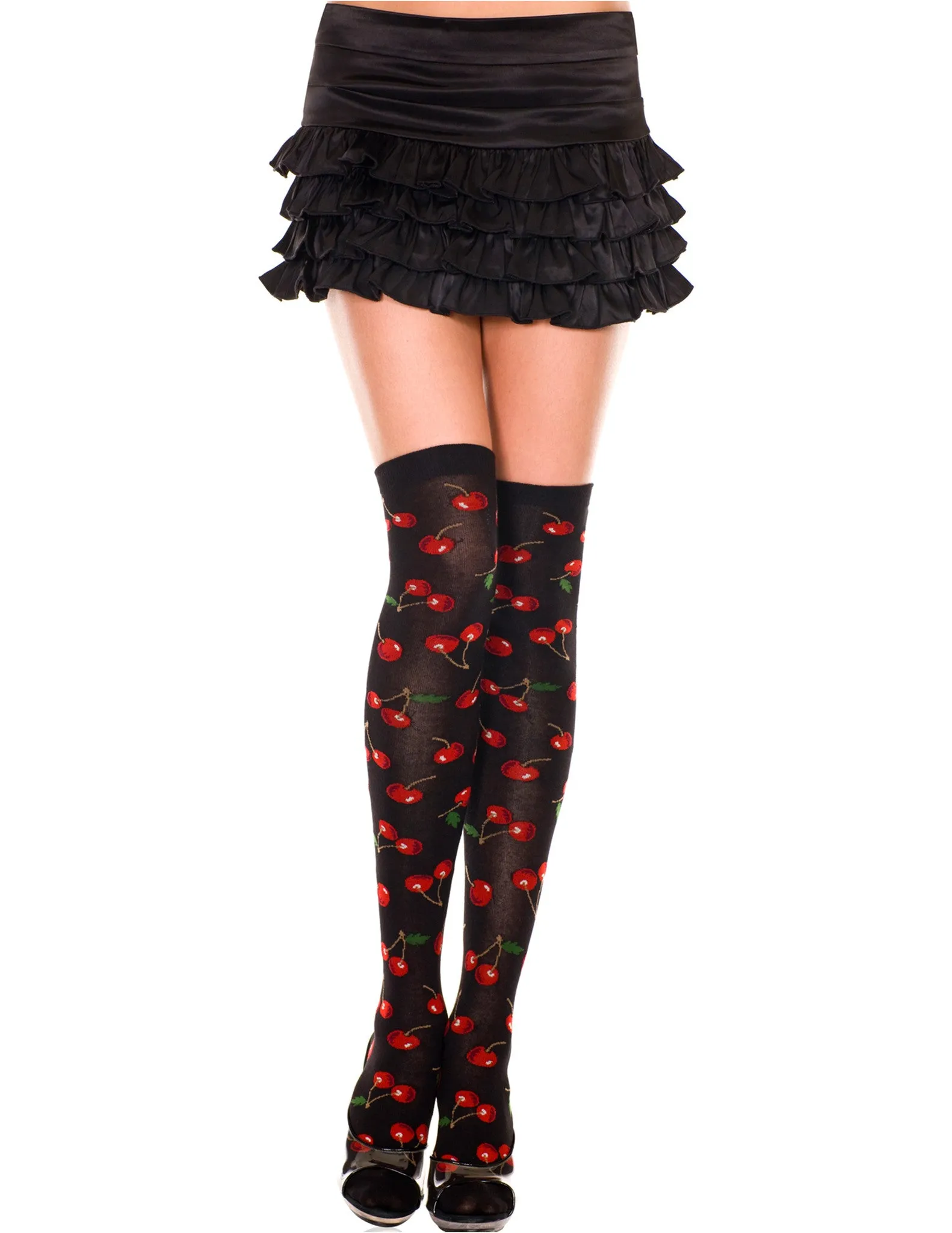 Black & Red Cherry Print Acrylic Thigh High Hosiery, One Size