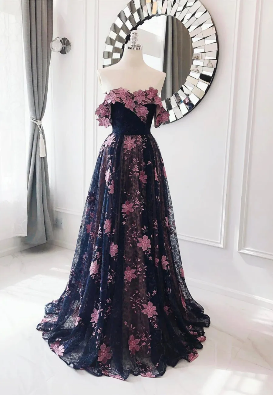 Black Lace Long A-Line Prom Dresses Black Evening Dresses