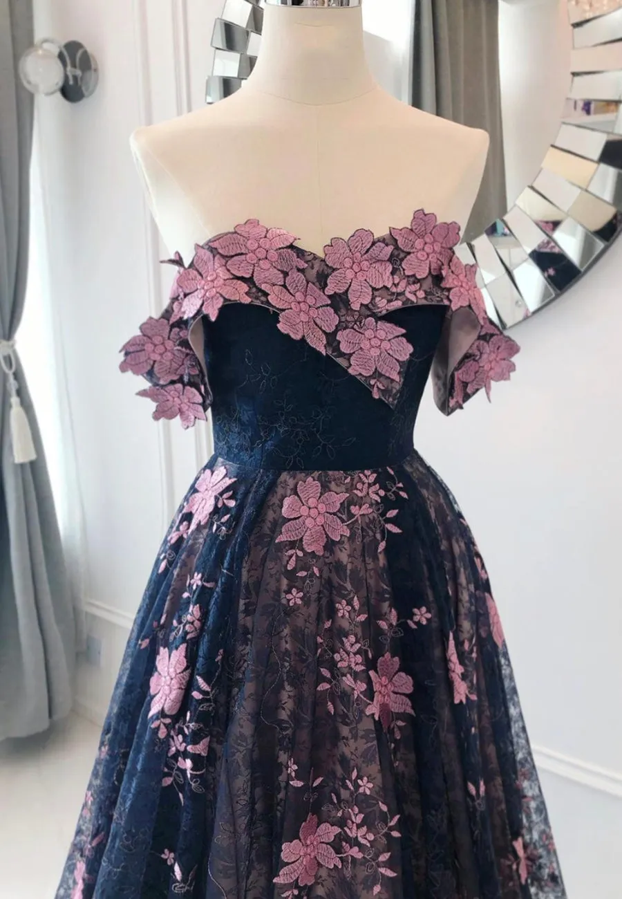 Black Lace Long A-Line Prom Dresses Black Evening Dresses