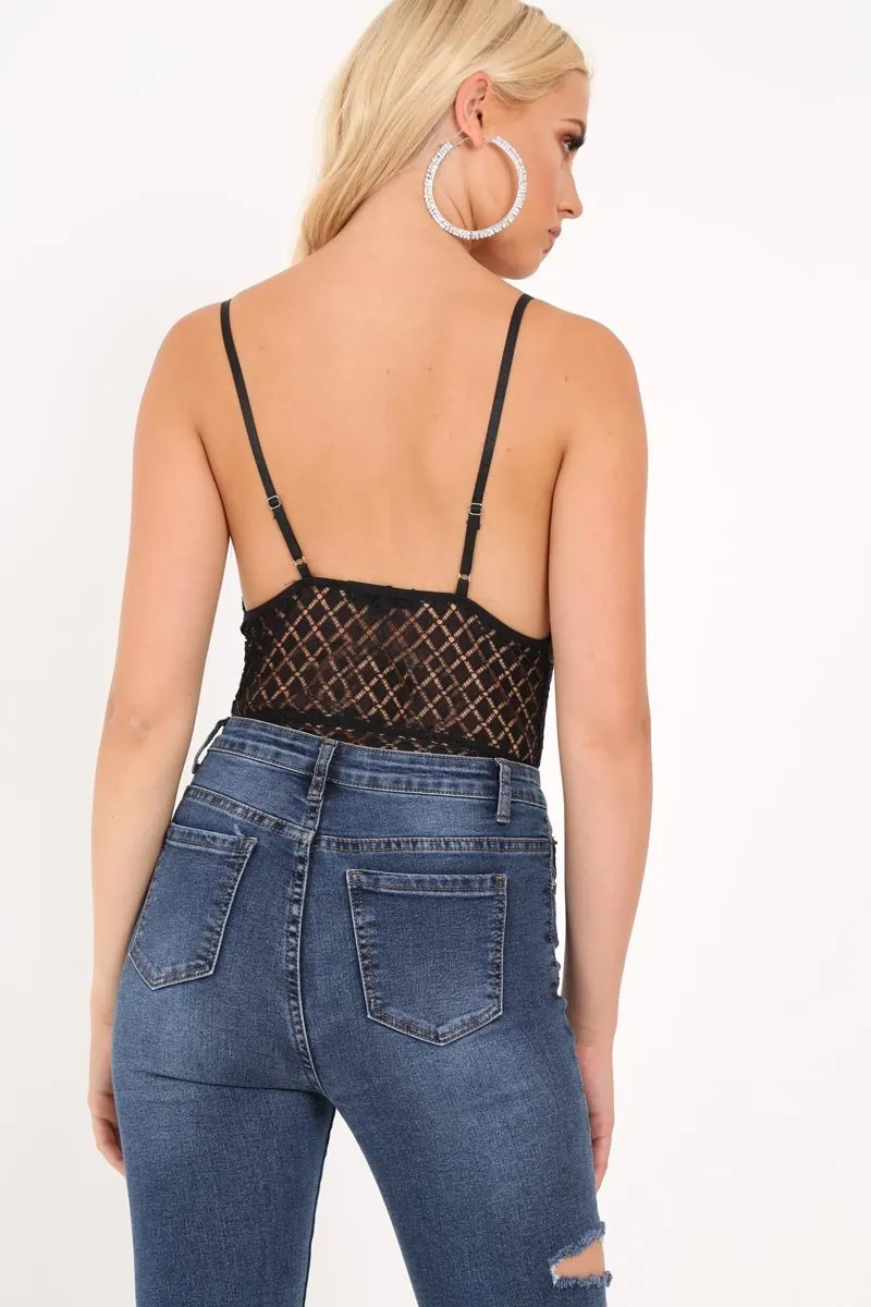 Black Lace Plunge Bodysuit - Paola