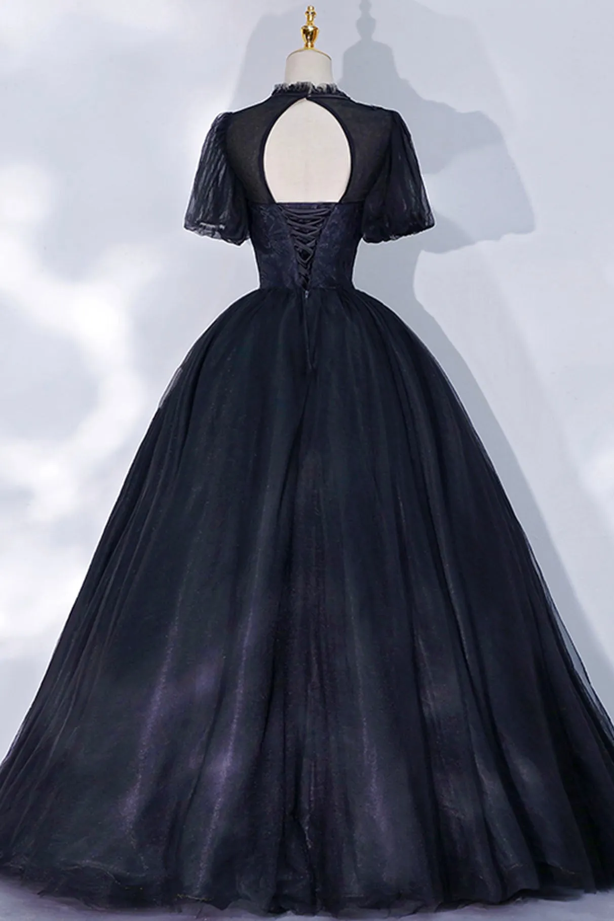 Black Tulle Lace Long A-Line Prom Dress A-Line Short Sleeve Evening Gown