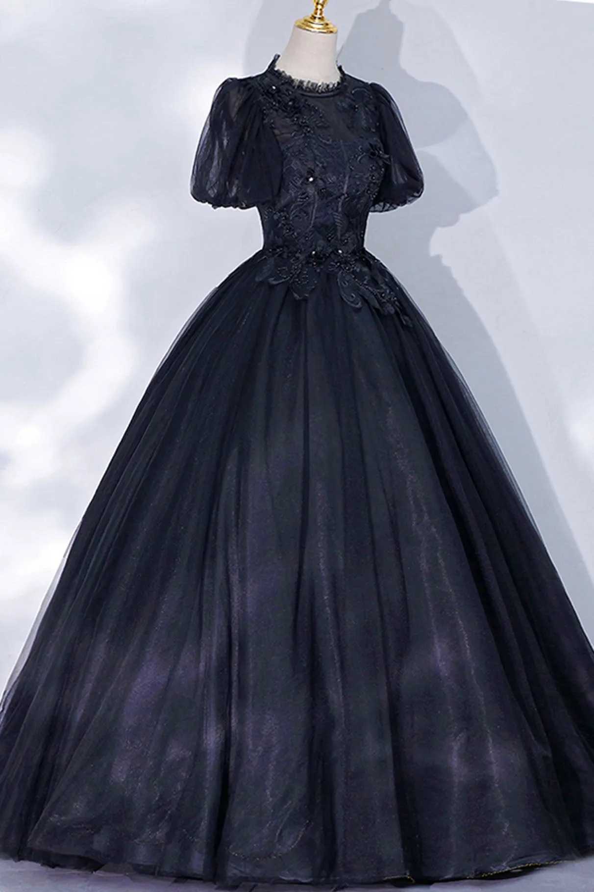 Black Tulle Lace Long A-Line Prom Dress A-Line Short Sleeve Evening Gown