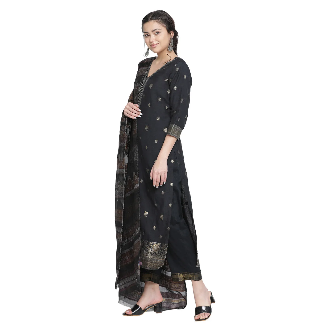 Black Woven Design Cotton Silk Blend Unstitched Suit Co-ords Set