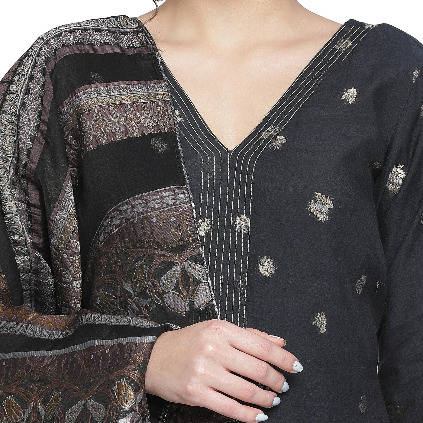 Black Woven Design Cotton Silk Blend Unstitched Suit Co-ords Set