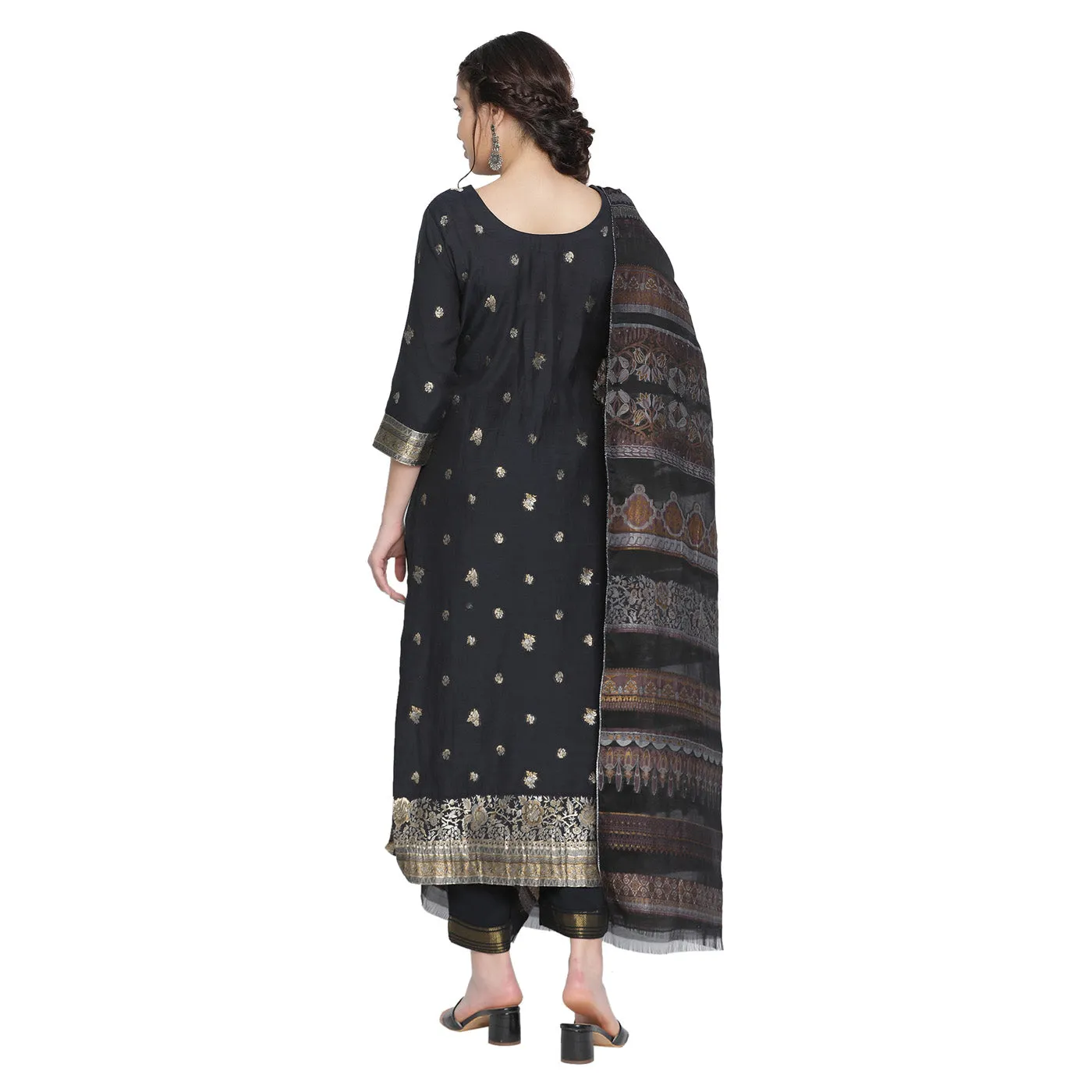 Black Woven Design Cotton Silk Blend Unstitched Suit Co-ords Set