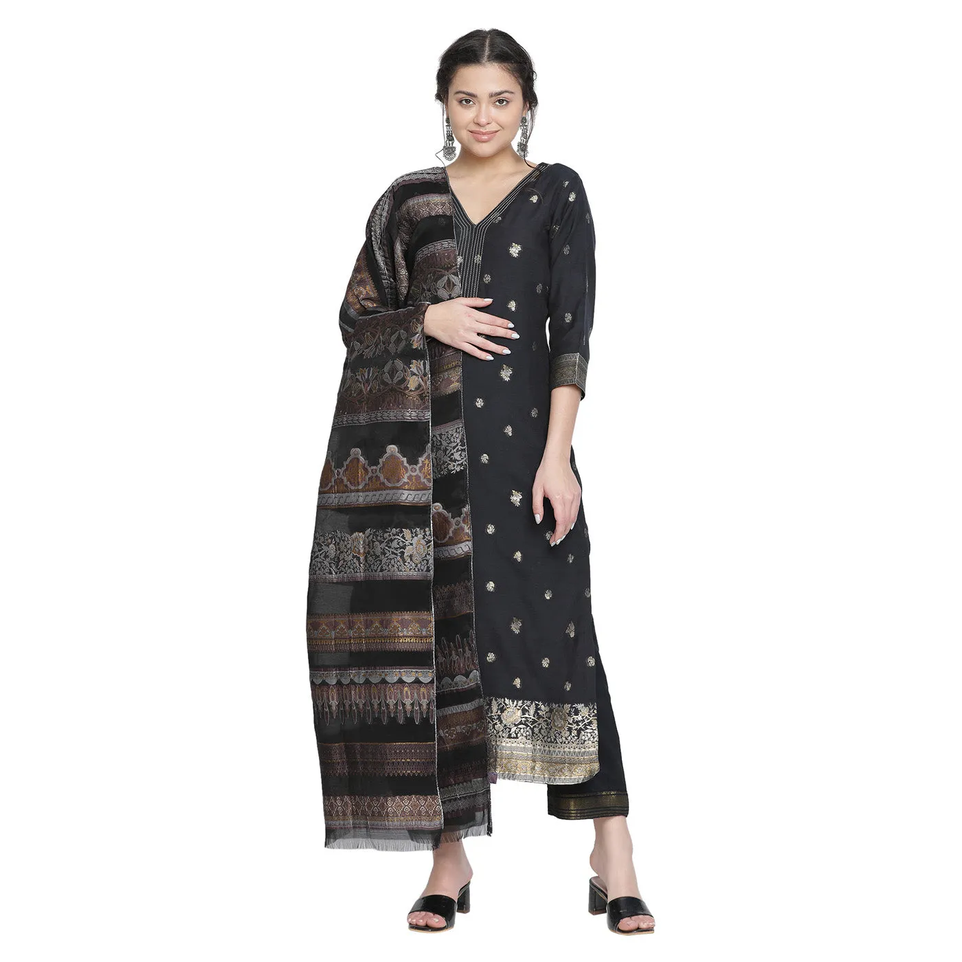 Black Woven Design Cotton Silk Blend Unstitched Suit Co-ords Set