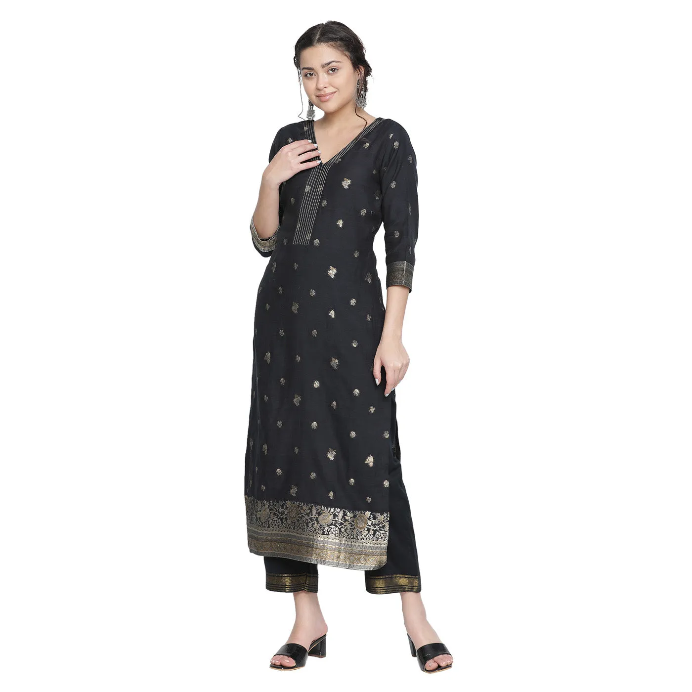 Black Woven Design Cotton Silk Blend Unstitched Suit Co-ords Set