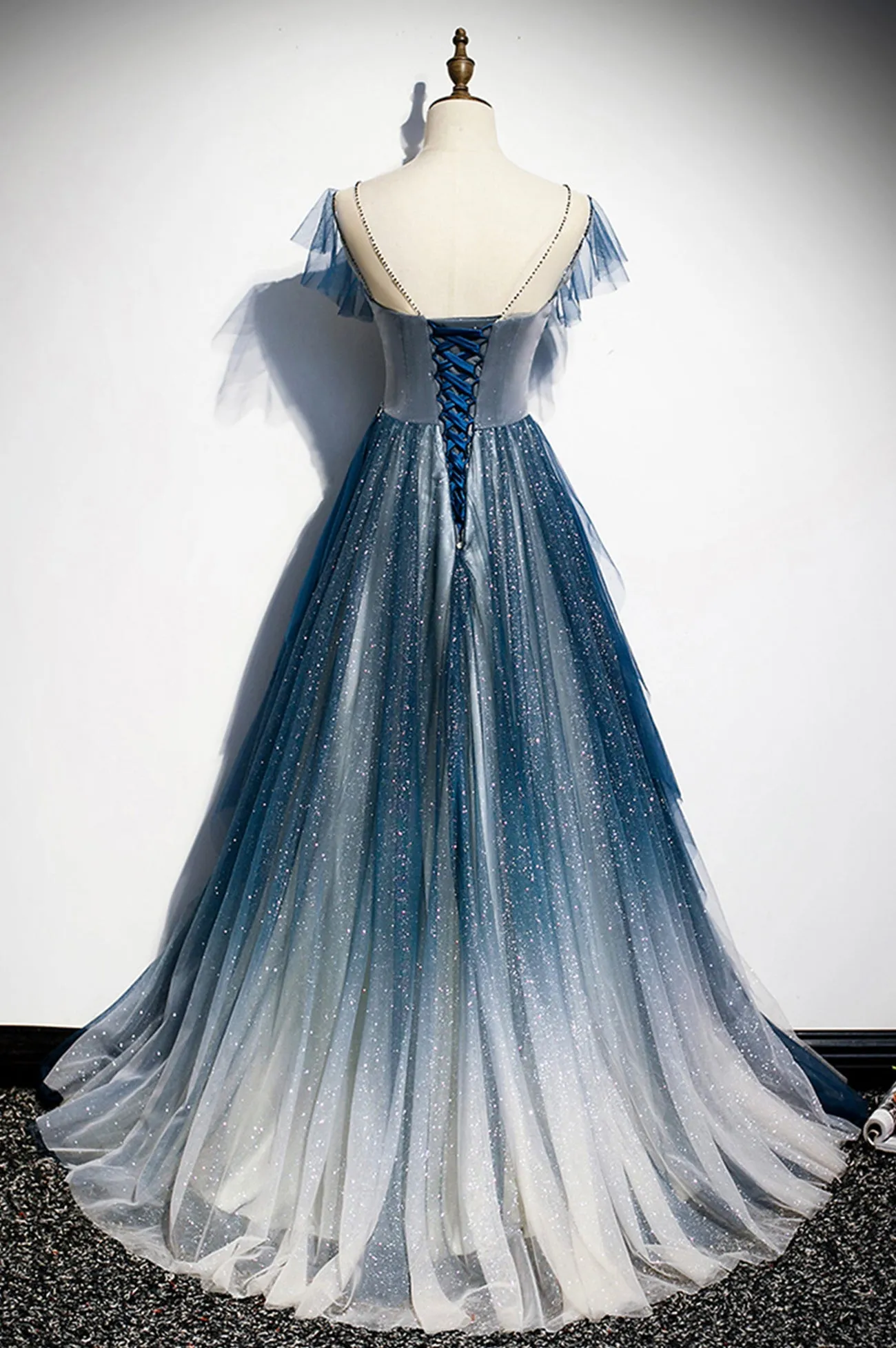 Blue Tulle Beading Long A-Line Prom Dress, Scoop Neckline Evening Dress