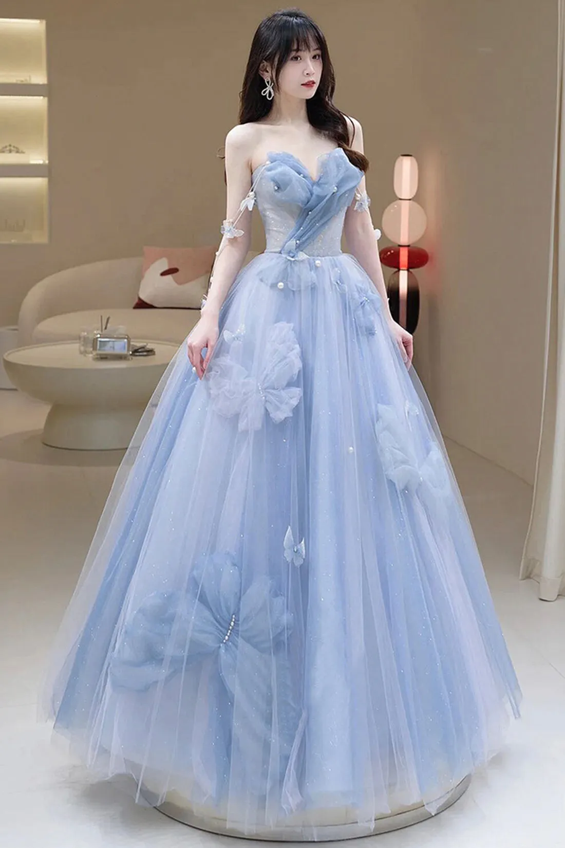 Blue Tulle Long A-Line Prom Dress Party Dress, Blue Evening Dress