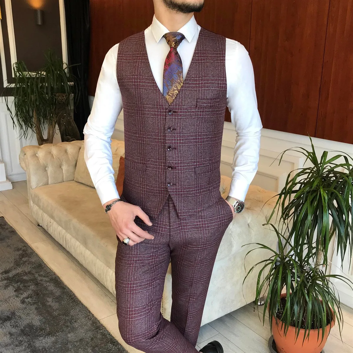 Bojoni Claret Red Plaid Slim-Fit Suit 3-Piece