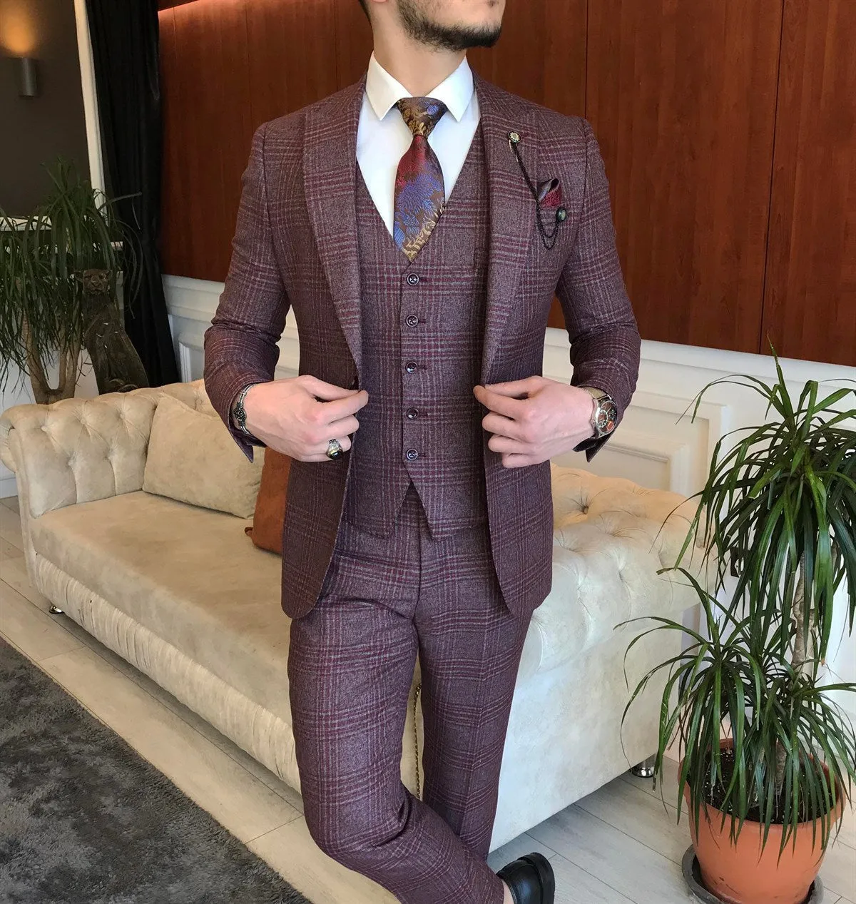 Bojoni Claret Red Plaid Slim-Fit Suit 3-Piece