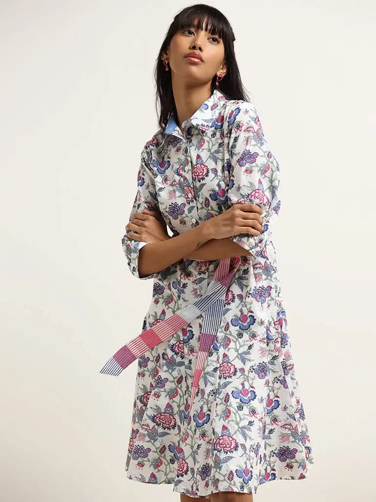 Bombay Paisley White Cotton Shirt Dress with Belt