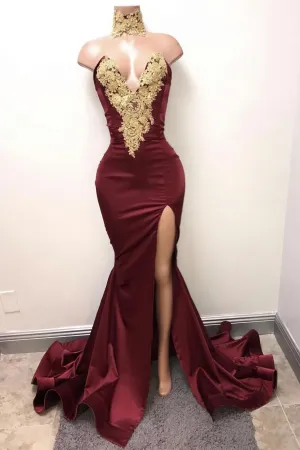 Burgundy Lace Long Prom Dress Mermaid Evening Dress