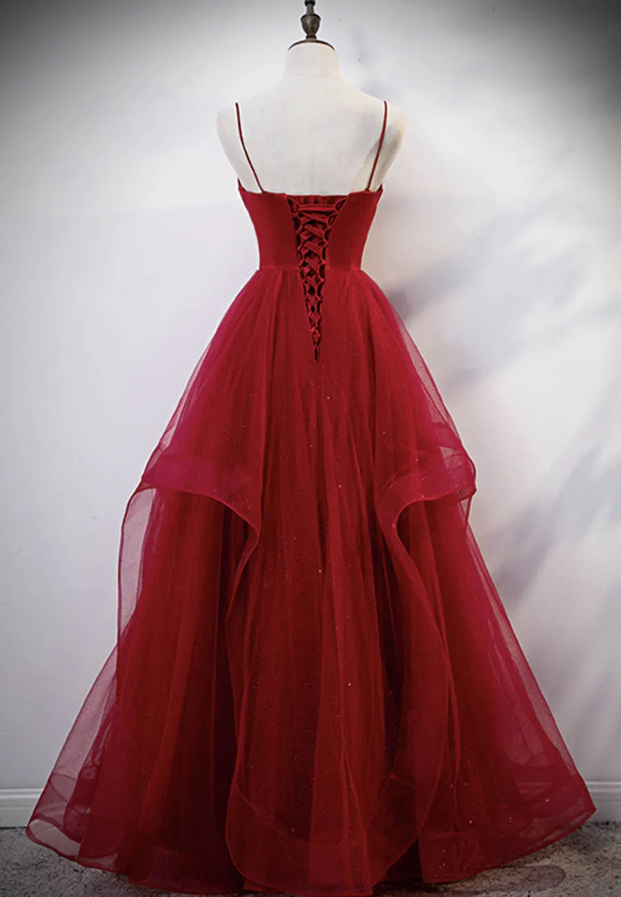 Burgundy Tulle Long Prom Dresses V-Neck Evening Dress