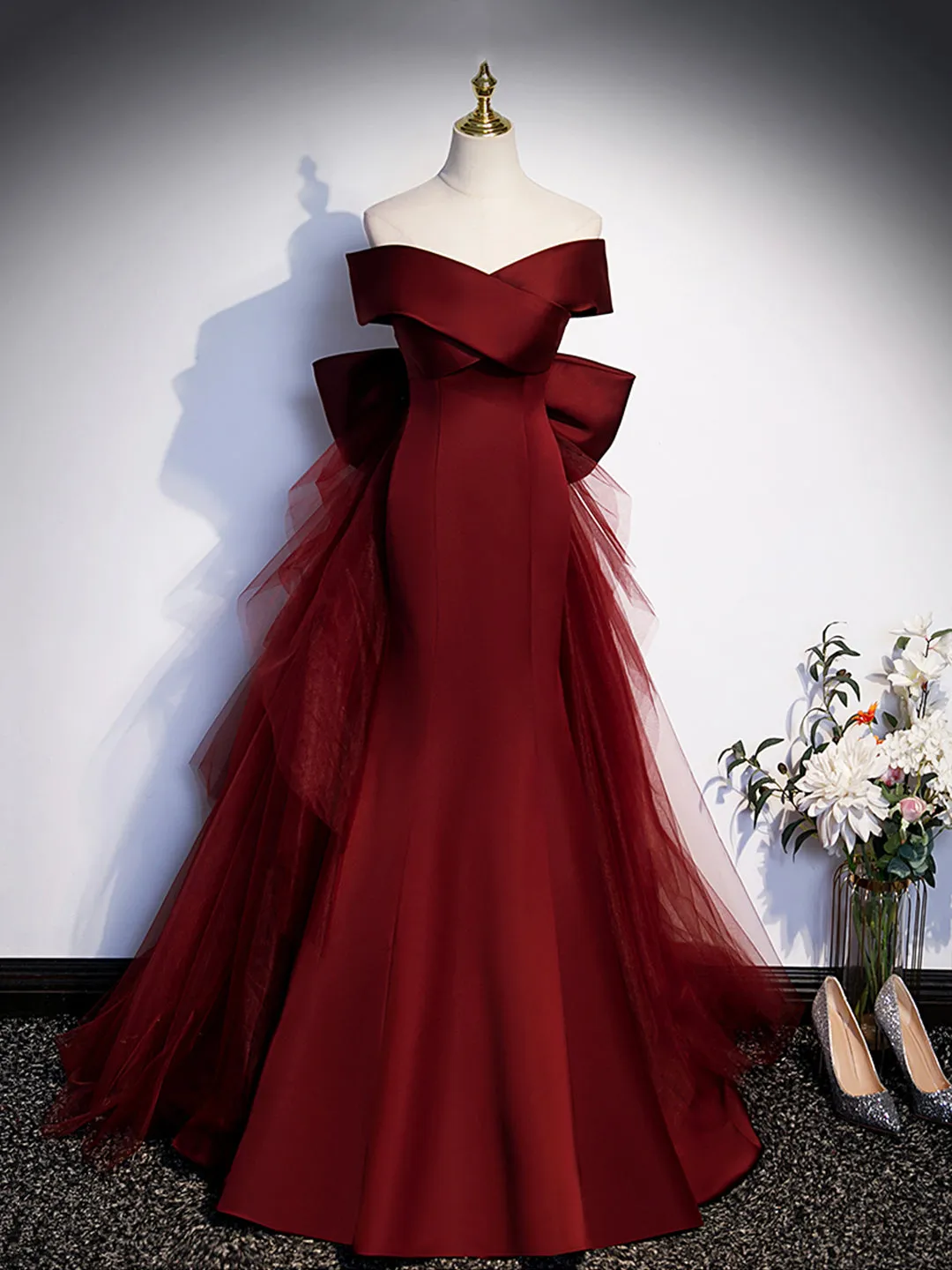 Burgundy V-Neck Satin Long Prom Dress Mermaid Off Shoulder Evening Dress with Bow