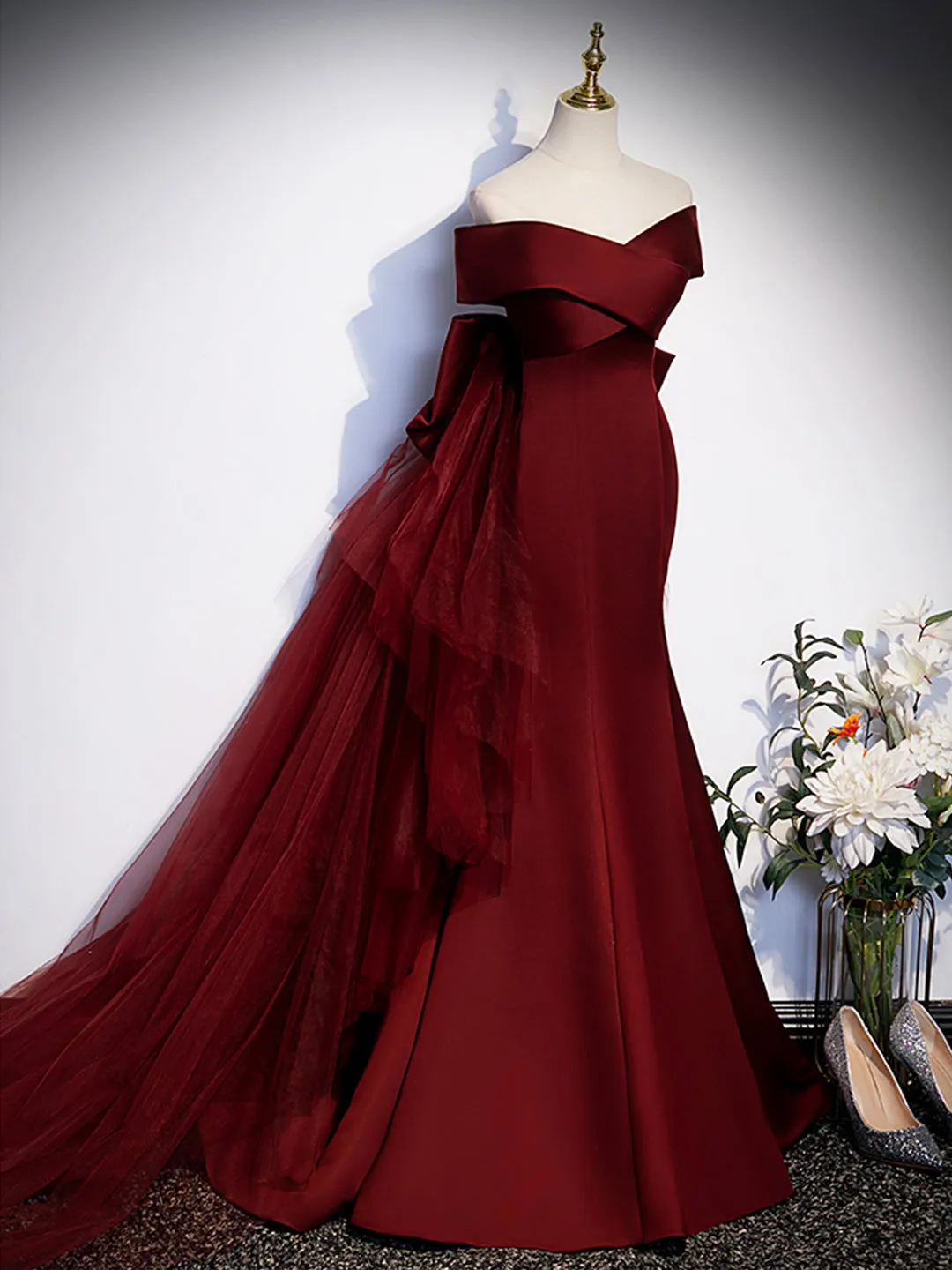 Burgundy V-Neck Satin Long Prom Dress Mermaid Off Shoulder Evening Dress with Bow