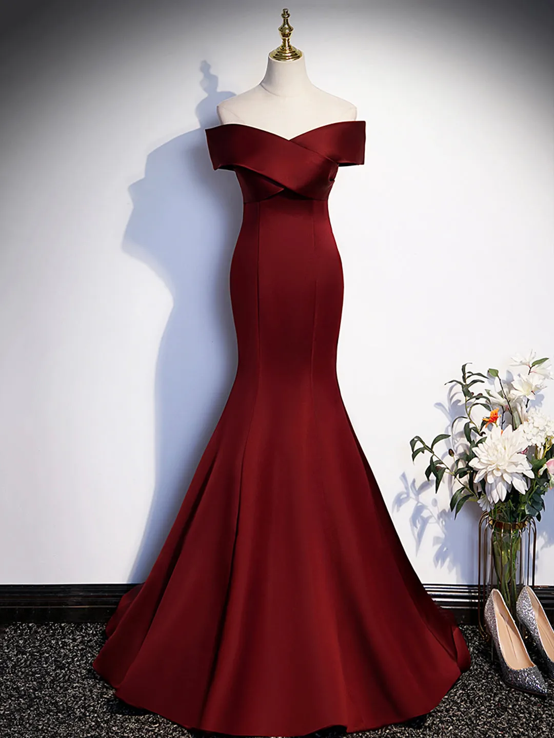 Burgundy V-Neck Satin Long Prom Dress Mermaid Off Shoulder Evening Dress with Bow