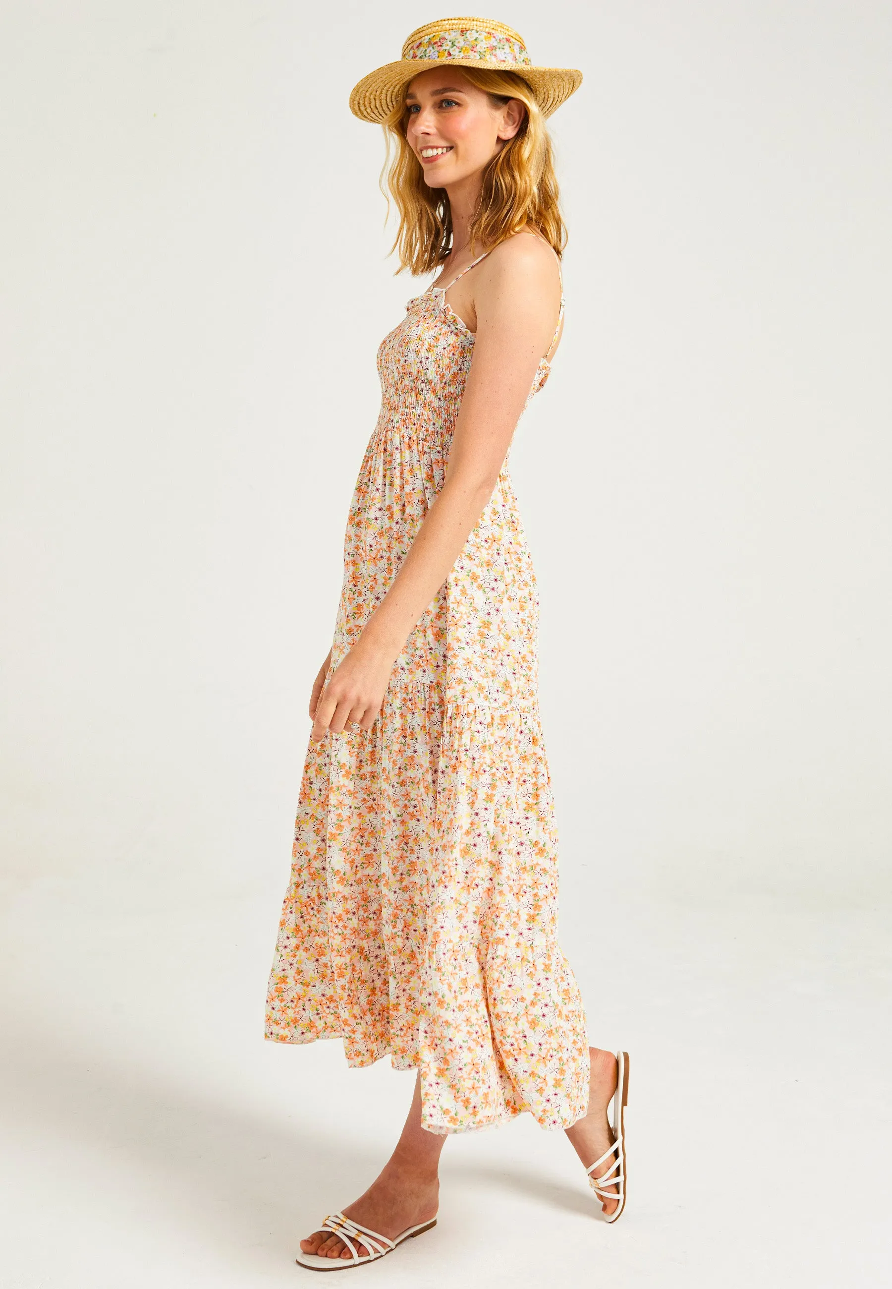 Cami Shirred Tiered Midi Dress in Ditsy Floral Print