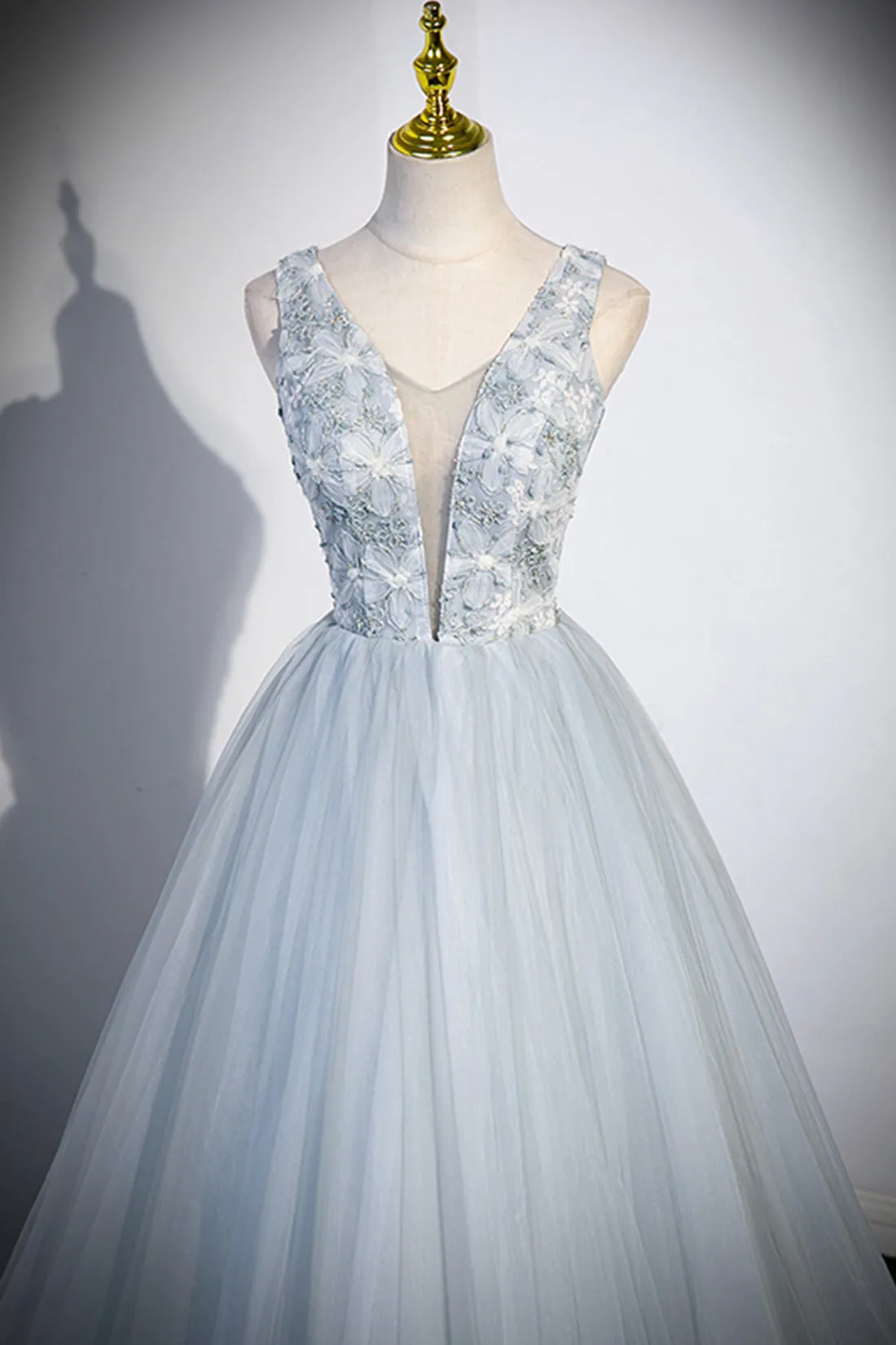 Cute V-Neck Tulle Long Prom Dress, Gray Evening Dress Party Dress