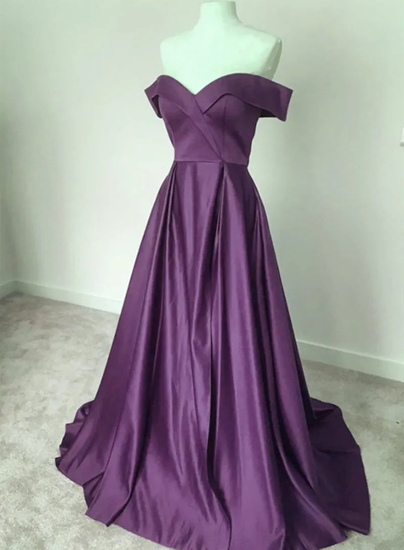 Dark Purple Satin Off Shoulder Long Formal Dress Purple Evening Dress Prom Dress