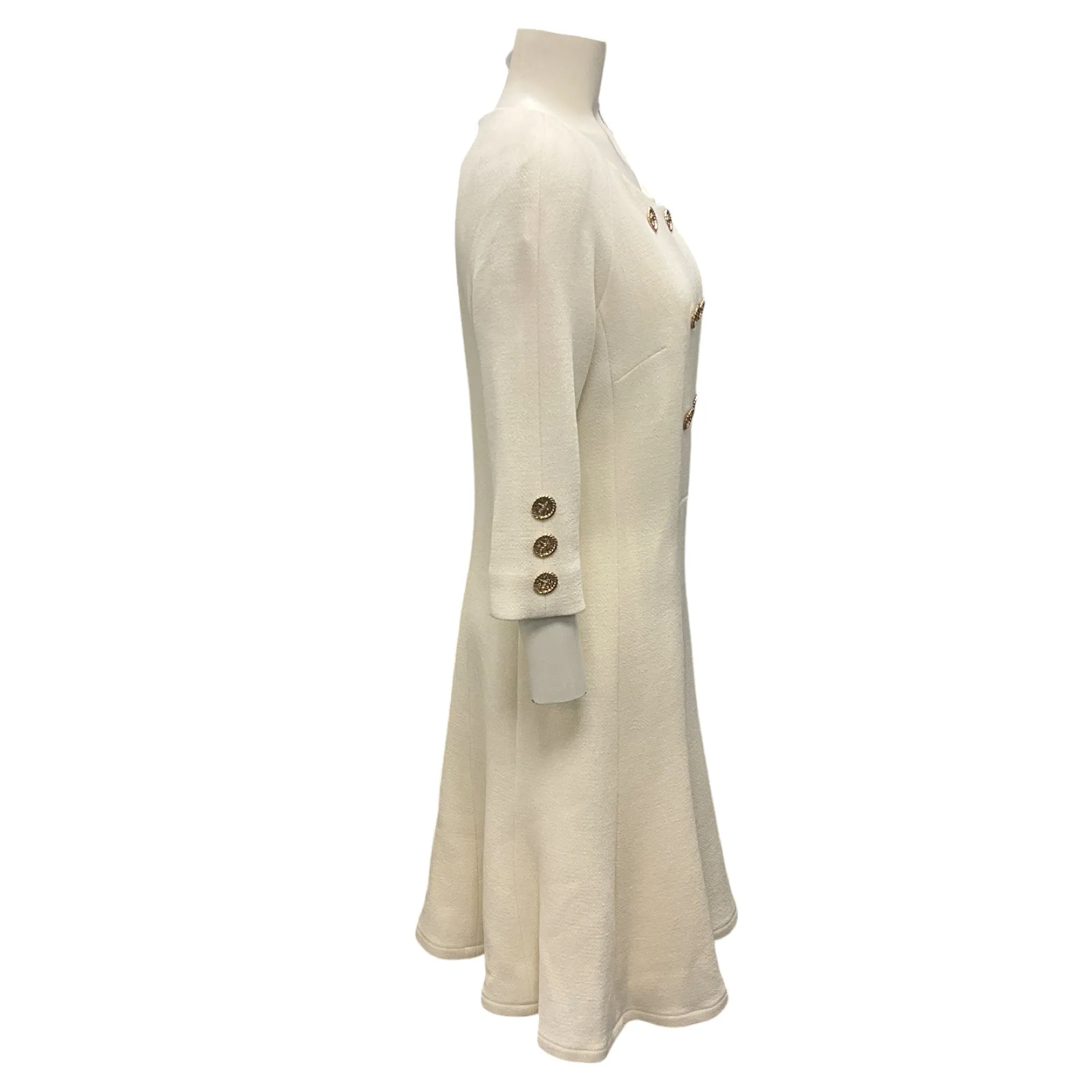 Edward Achour Paris Ecru / Gold Button Detail Wool Crepe Dress