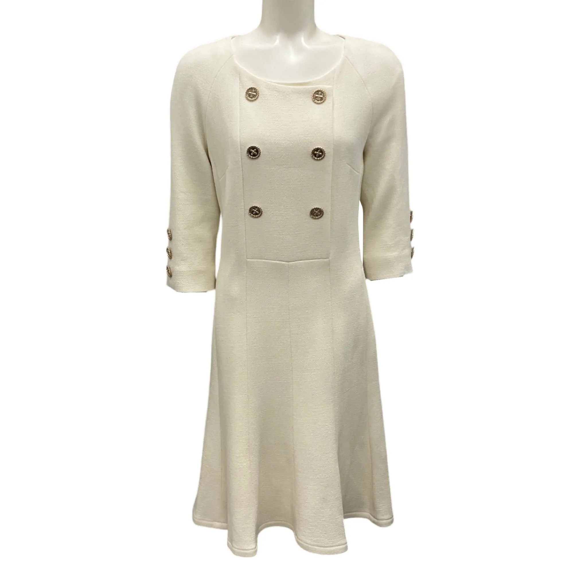 Edward Achour Paris Ecru / Gold Button Detail Wool Crepe Dress