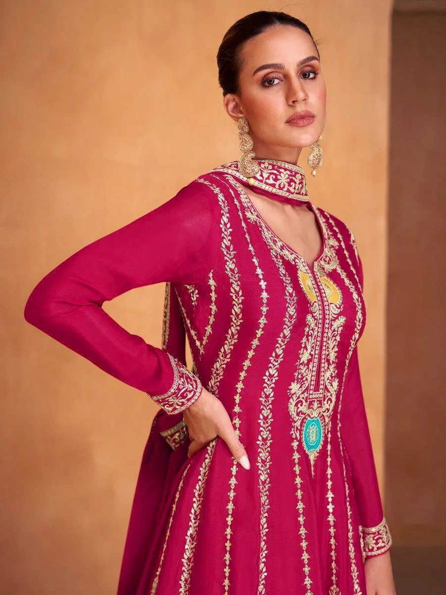 Elegant Embroidered Pink Chinon Suit Set with Sharara & Dupatta