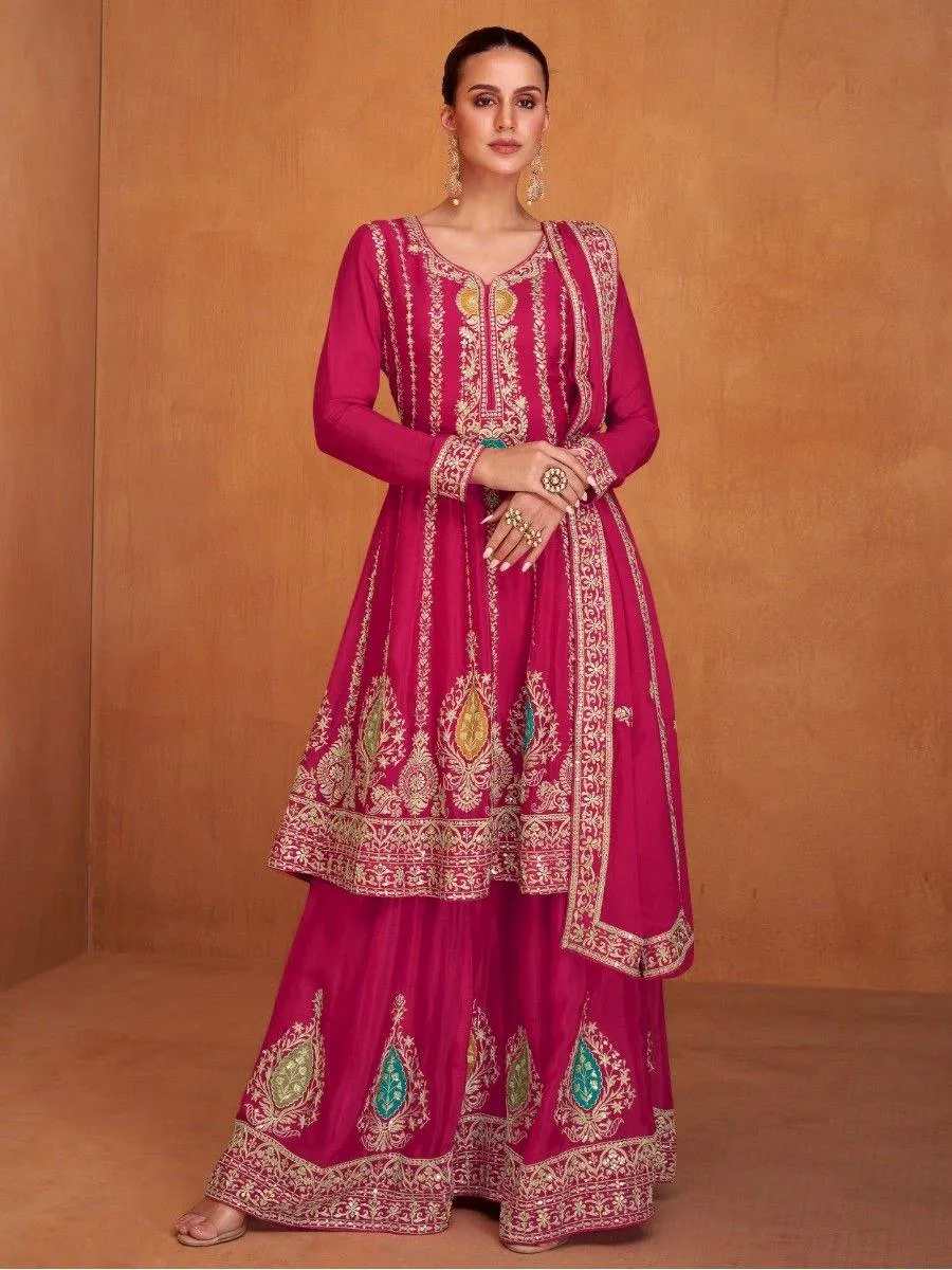 Elegant Embroidered Pink Chinon Suit Set with Sharara & Dupatta