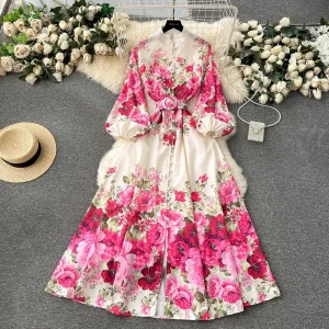 Elegant Gorgeous Floral Bohemian Dress Spring Women Stand Long Lantern Sleeve Floral Print Belt Linen Long Vestidos Clothes 6235